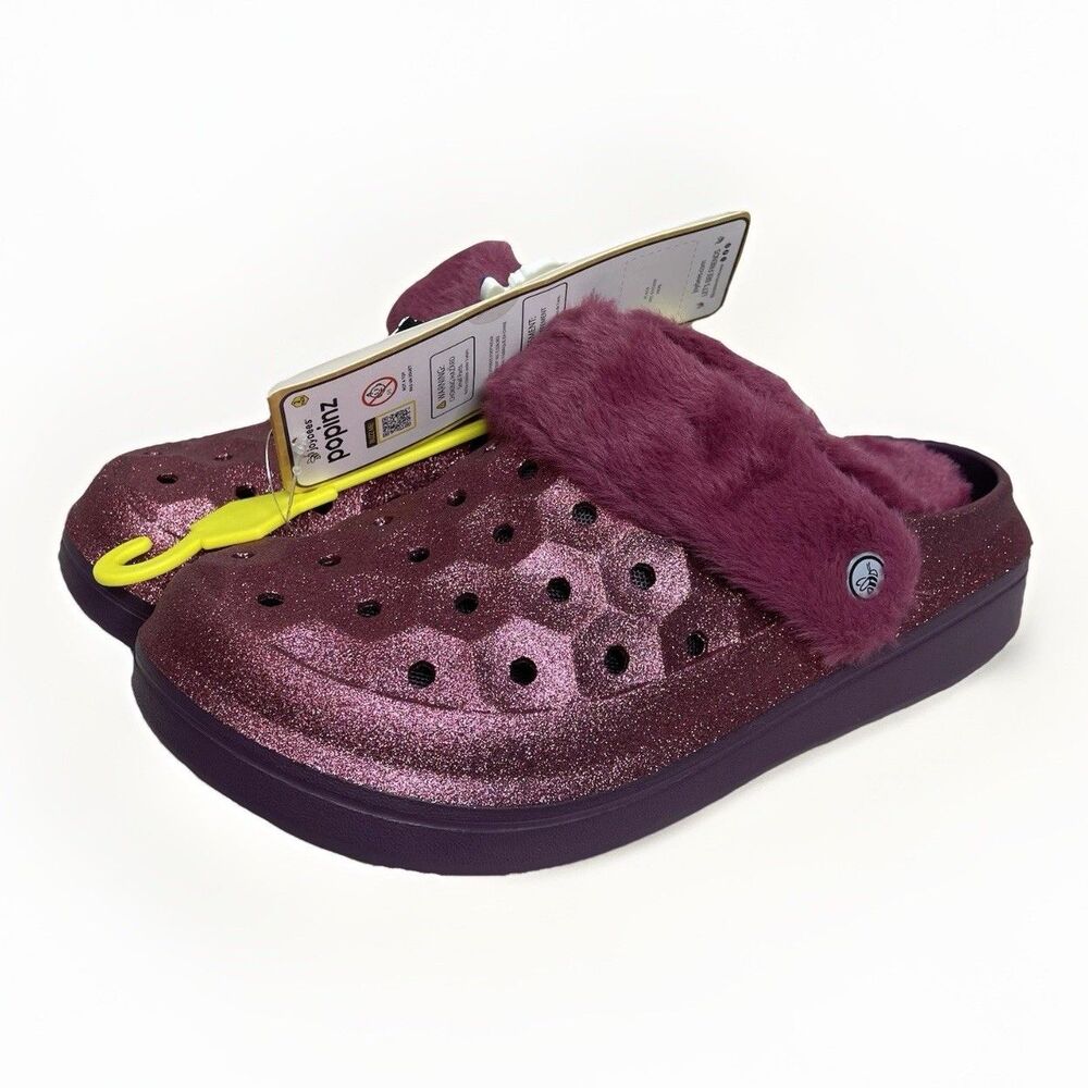 Joybees Varsity Glitter Clog Kids Size J4 Faux Fur Lined Mulberry Popinz Snowman